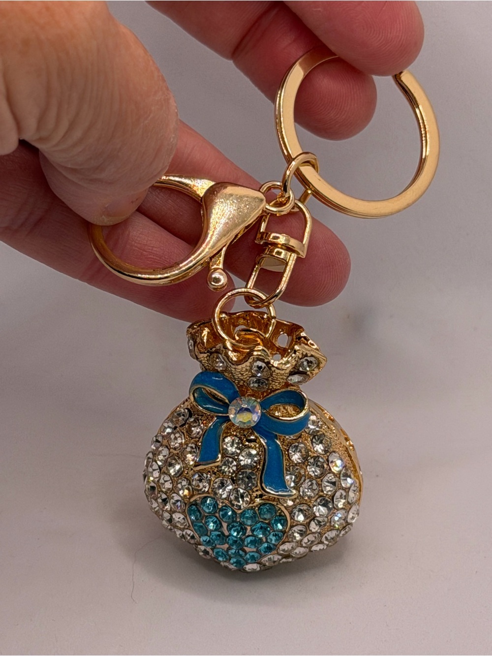 Crystal Pouch Keychain Bag Charm - Gold with Blue Accents